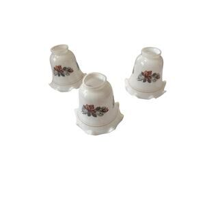 VTG 1980s Luster Milk Glass Ceiling Fan Globe Rose 3 Piece Set Floral Cottage